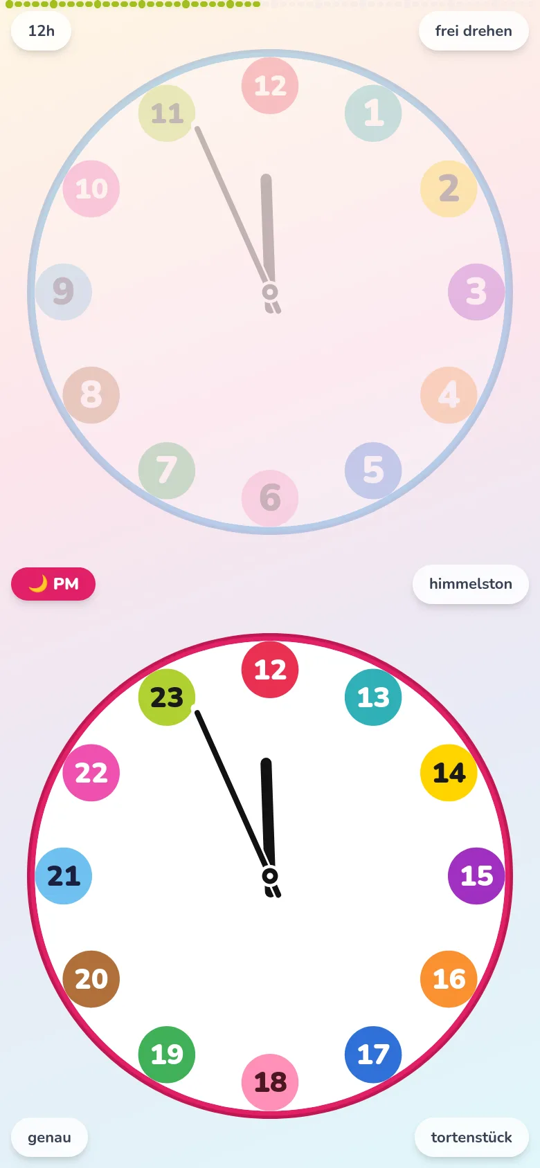 EduClock im minimalen Aufbau: die Minutenskala ist ausgeblendet, große farbige Badges 1–12 oben und PM 13–23 unten.