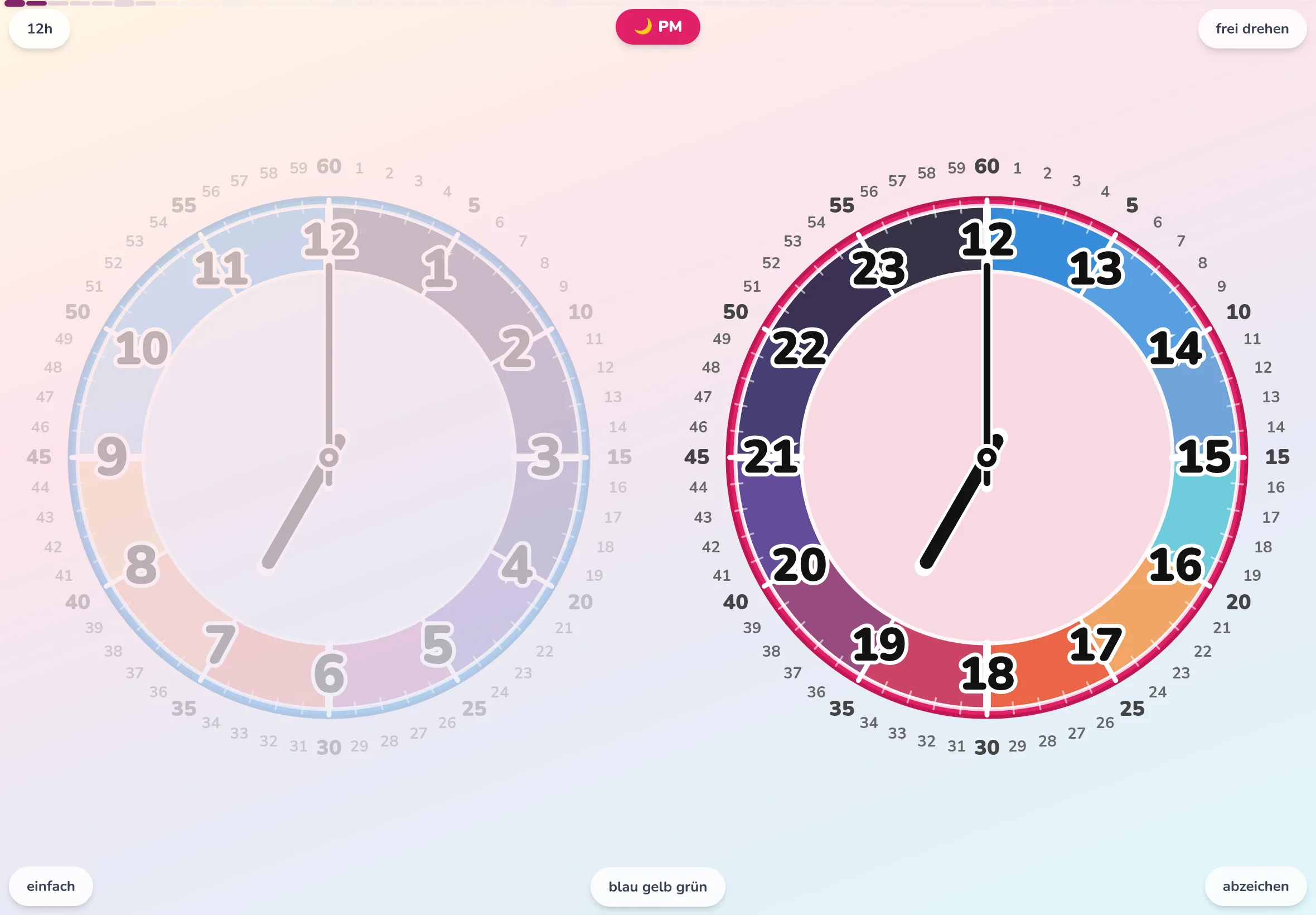 Die Kinder-Uhr-App EduClock mit paralleler AM/PM-Anzeige: Vormittag und Nachmittag als 24-Stunden-Analoguhr nebeneinander.