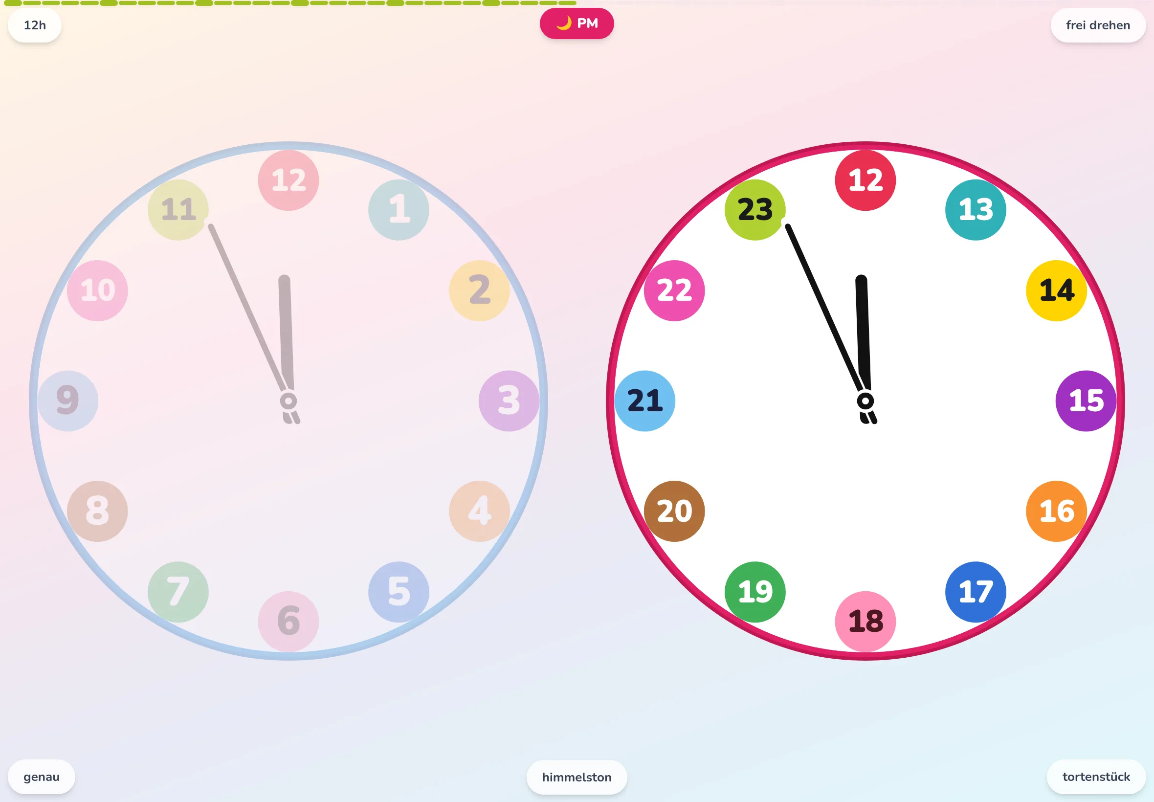 Die Lernuhr-App EduClock auf einem Tablet: eine Analoguhr mit Kreissegmentring, bei der jede der 12 Stunden in einer eigenen Farbe dargestellt ist.