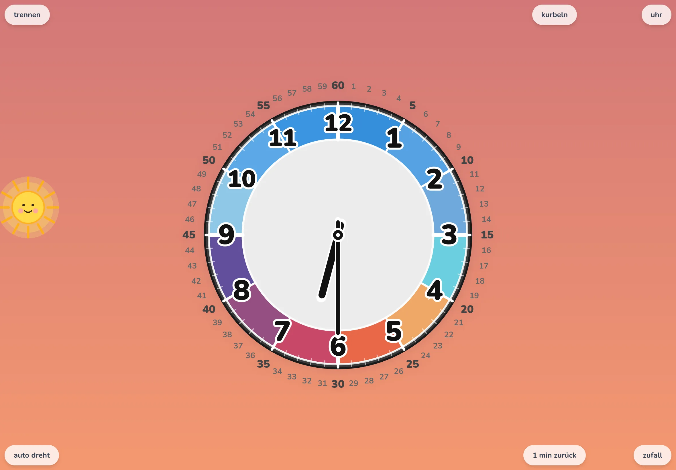 EduClock mit der Palette „Himmelsfarben“, zusammengelegt, direkt nach einem Tipp auf „Zufall“: nur die Zeiger sind auf eine neue Uhrzeit gesprungen.