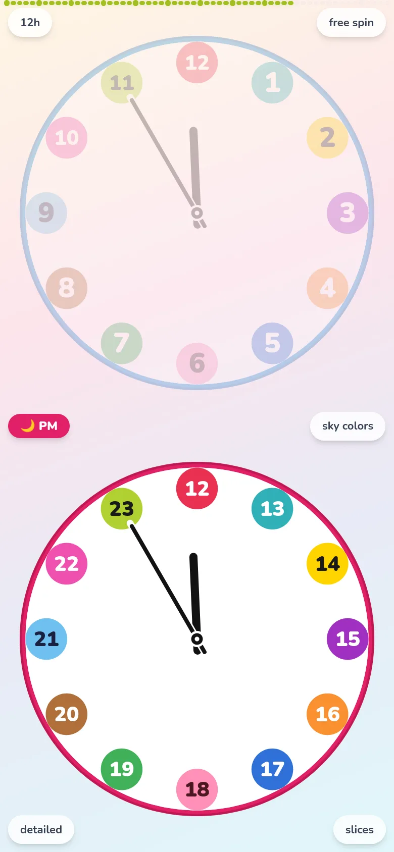 EduClock opened in its minimum layout: outer minute numbers hidden, large colored badges arranged 1–12 with PM 13–23 underneath.