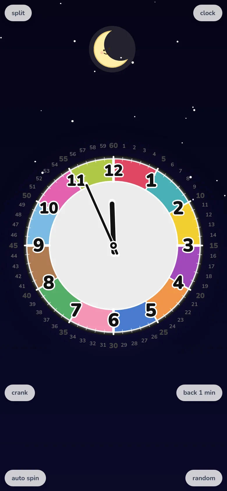 A phone showing a child practicing telling time in EduClock's free-rotation mode.
