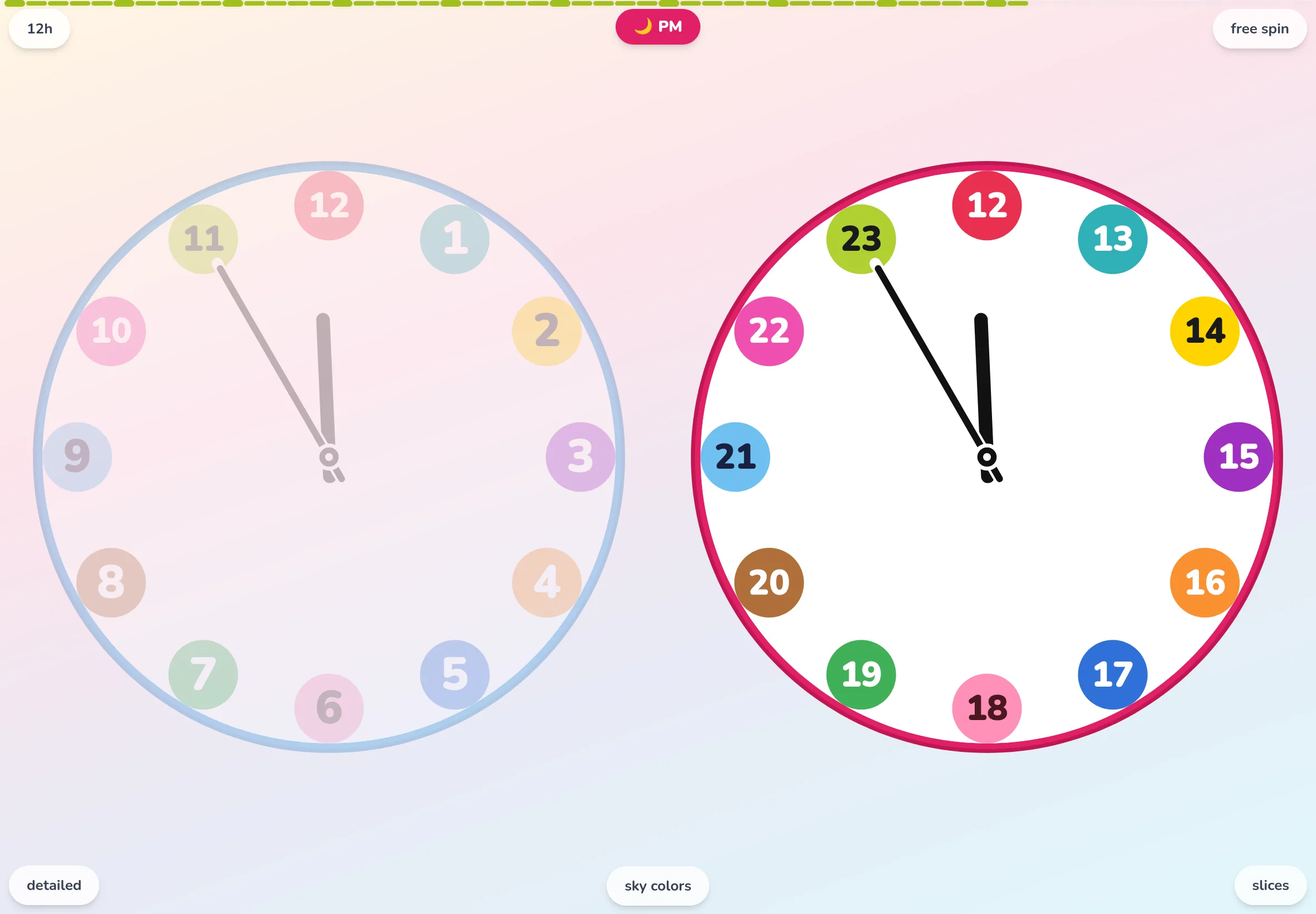 The EduClock learning clock app on a tablet: an analog clock face whose 12 hours are each painted a different color as sector rings.