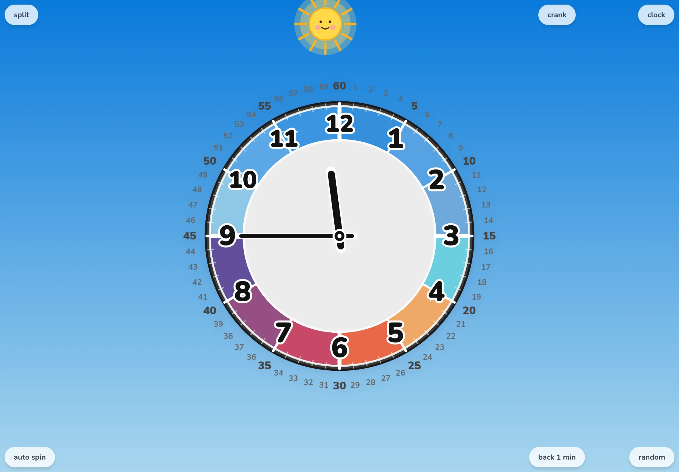 EduClock in Sky Colors × Merge mode, right after pressing random — only the hands have moved smoothly to a new time.