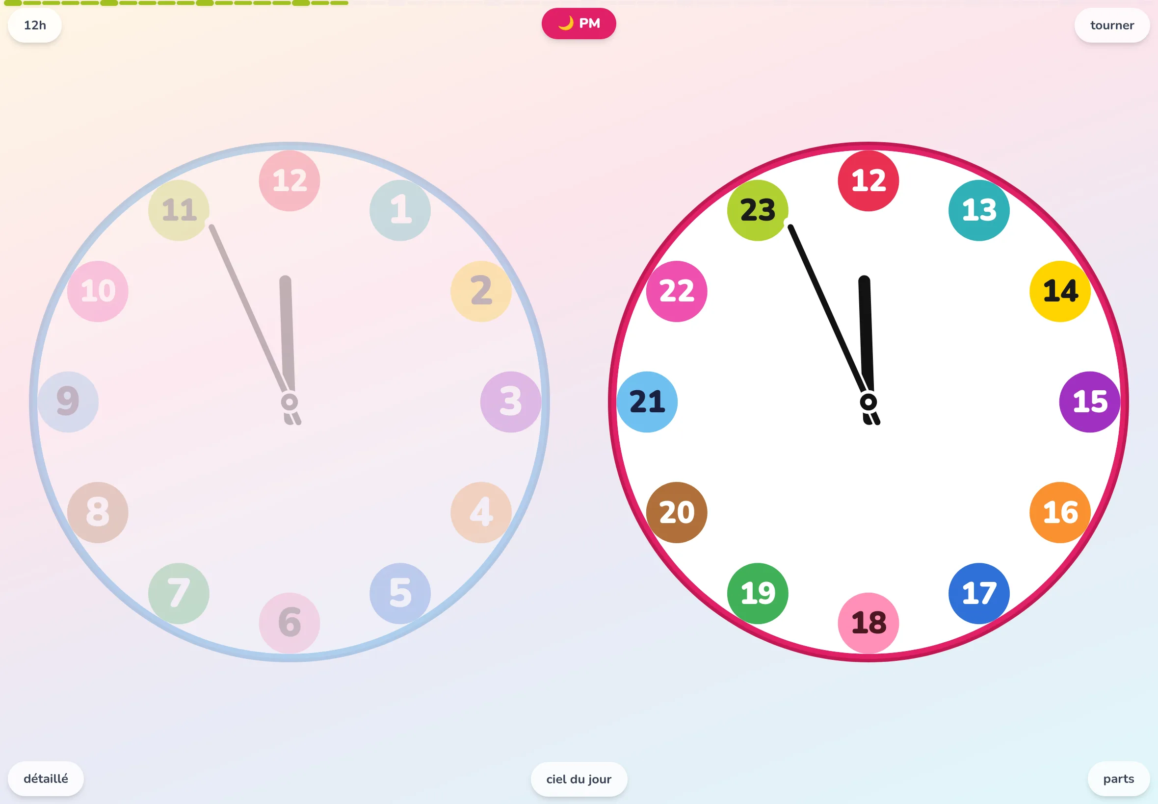 Écran de l'horloge éducative EduClock ouverte sur tablette : une horloge analogique dont chacune des 12 heures est peinte d'une couleur différente en secteurs