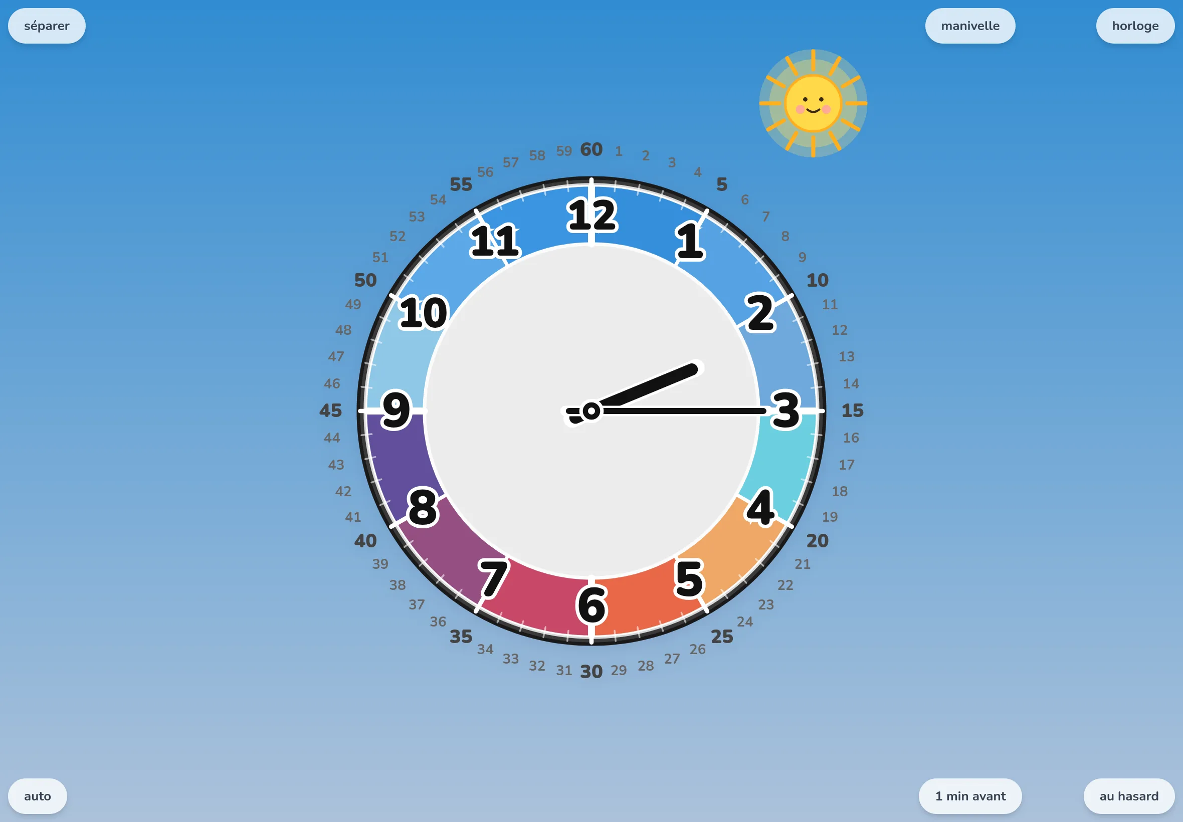 EduClock en palette Couleurs du ciel et mode fusionner, juste après avoir appuyé sur le bouton aléatoire : seules les aiguilles ont glissé vers une nouvelle heure libre