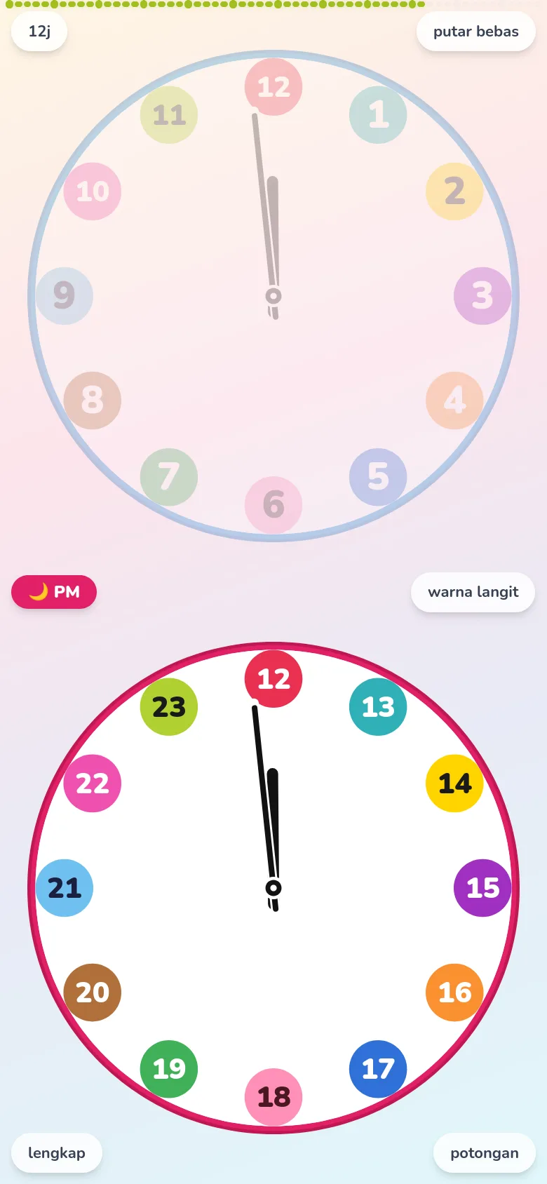 Layar EduClock dalam konfigurasi paling minimum. Angka menit di tepi luar dihilangkan, hanya lencana besar berwarna 1–12 dan di bawahnya PM 13–23