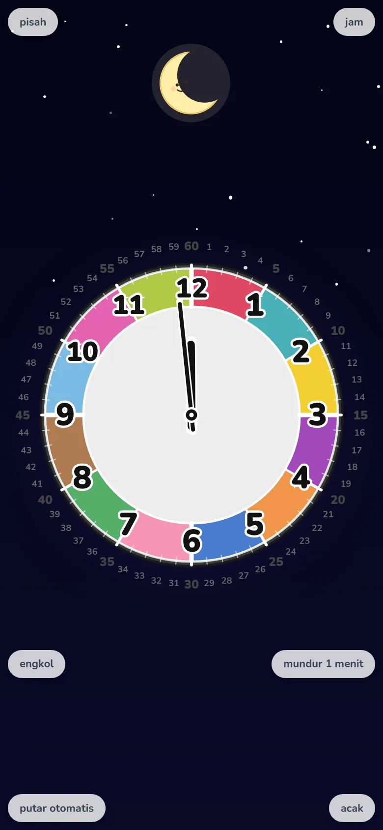 Layar latihan membaca jam di HP. Mode putar bebas aplikasi jam edukasi EduClock