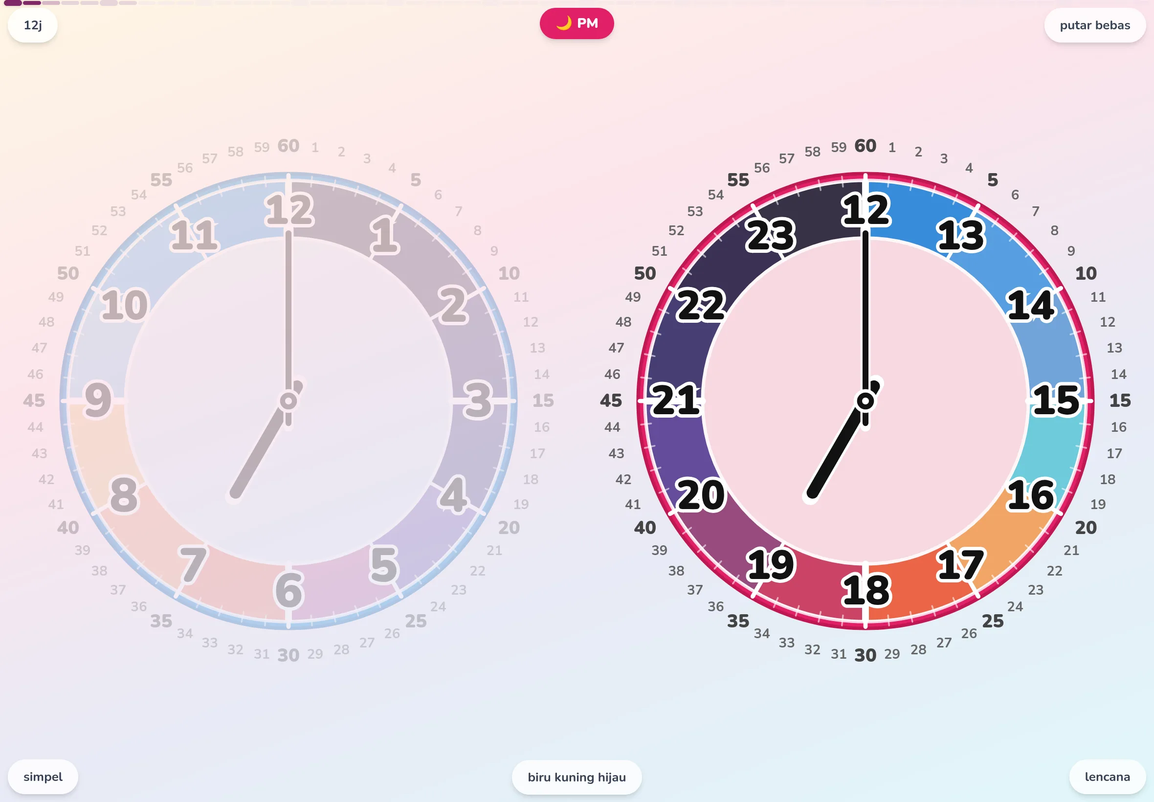 Tampilan AM/PM berdampingan pada aplikasi jam anak EduClock. Jam analog 24 jam dengan pagi dan sore berjajar kiri-kanan