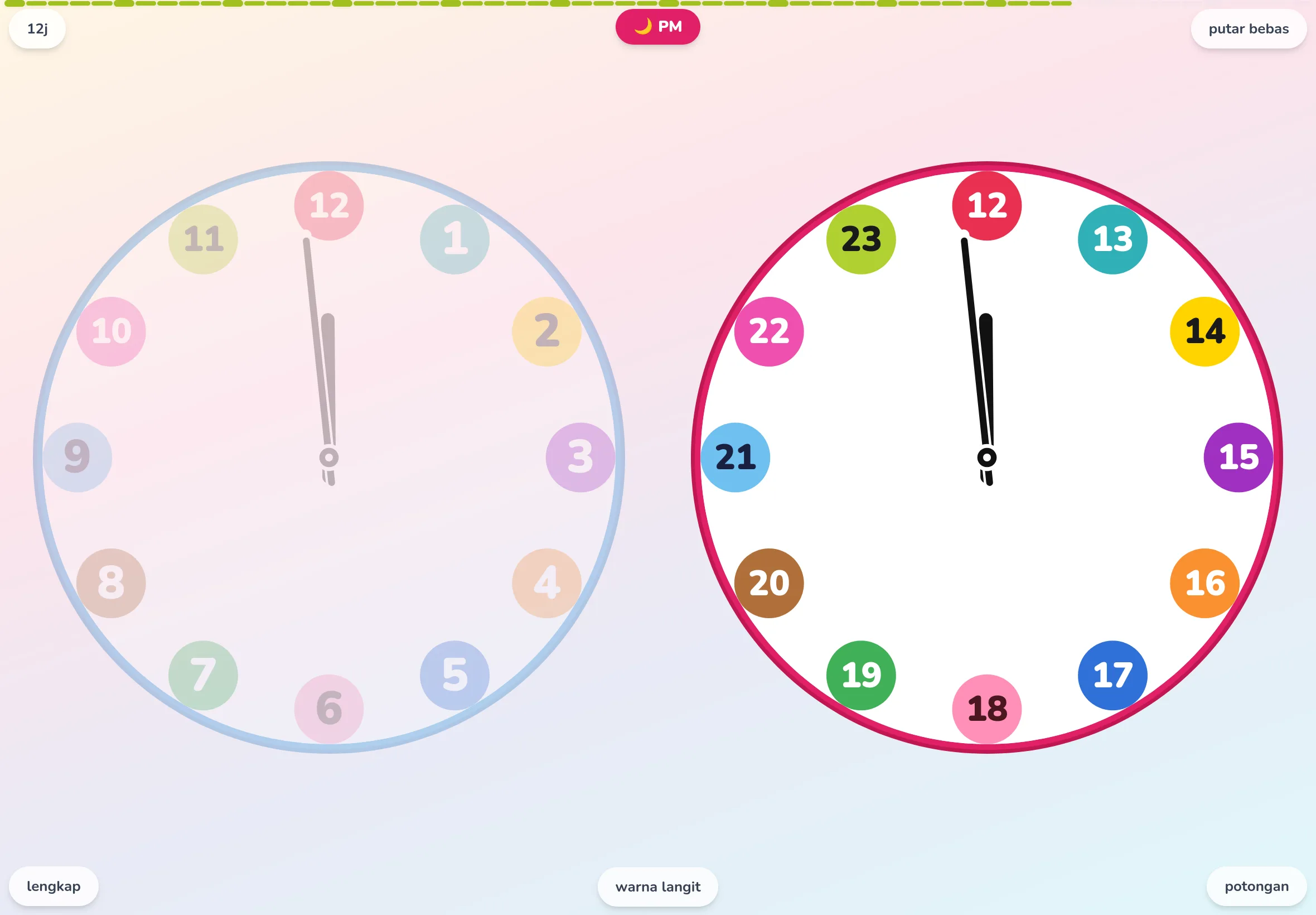 Layar tablet yang membuka aplikasi jam edukasi EduClock. Jam analog dengan cincin sektor 12 jam yang diwarnai berbeda tiap jam