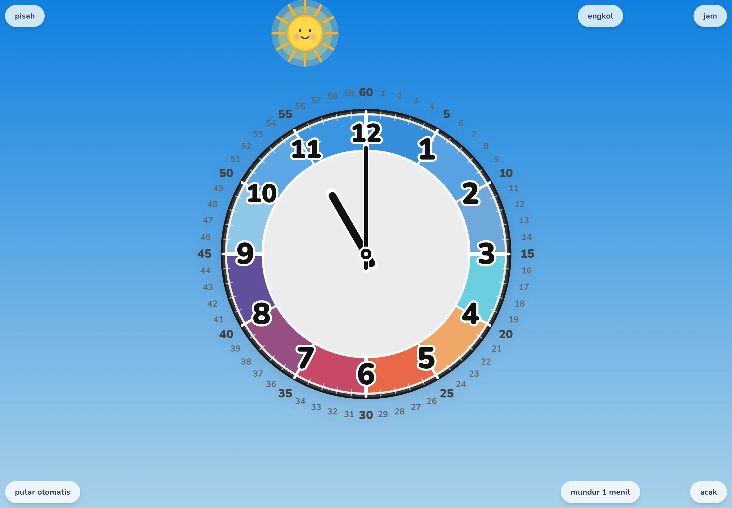 Layar EduClock dalam palet Warna Langit mode merge, tepat setelah tombol random ditekan. Hanya jarum yang meluncur pindah ke waktu acak