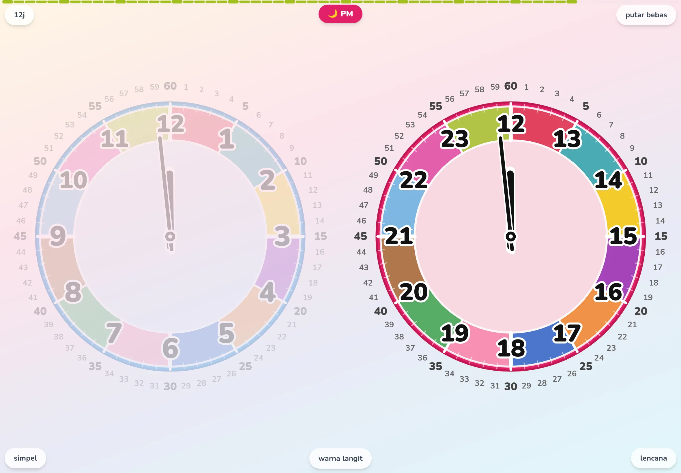 EduClock mode detailed. Angka menit 1–60 berjajar di tepi luar — aplikasi jam edukasi yang memperlihatkan mekanisme jarum panjang menunjuk menit