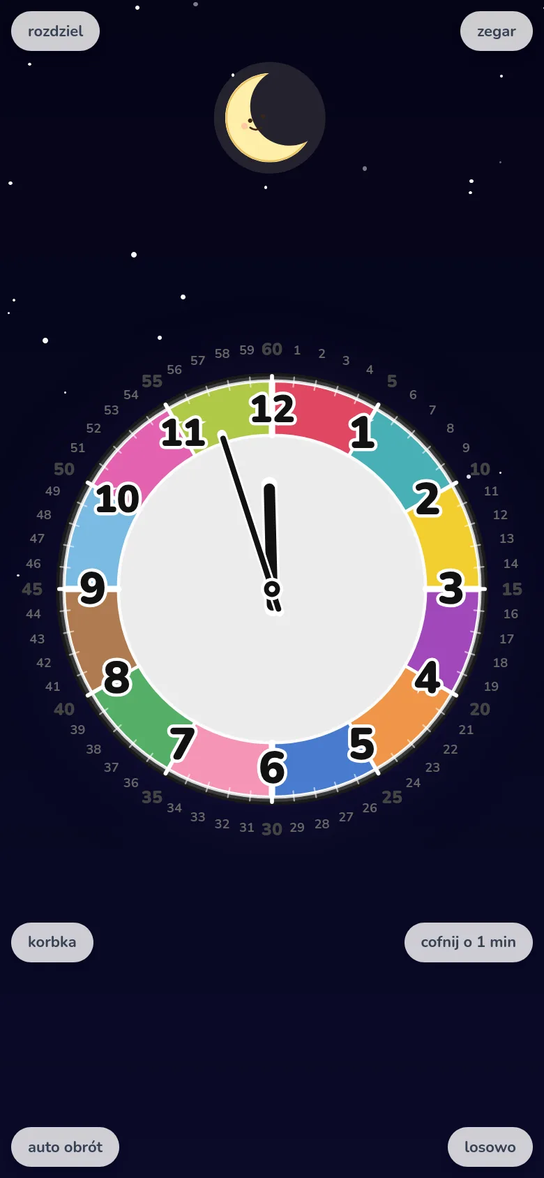 Ekran telefonu z ćwiczeniami odczytywania czasu — aplikacja EduClock w trybie swobodnego obracania