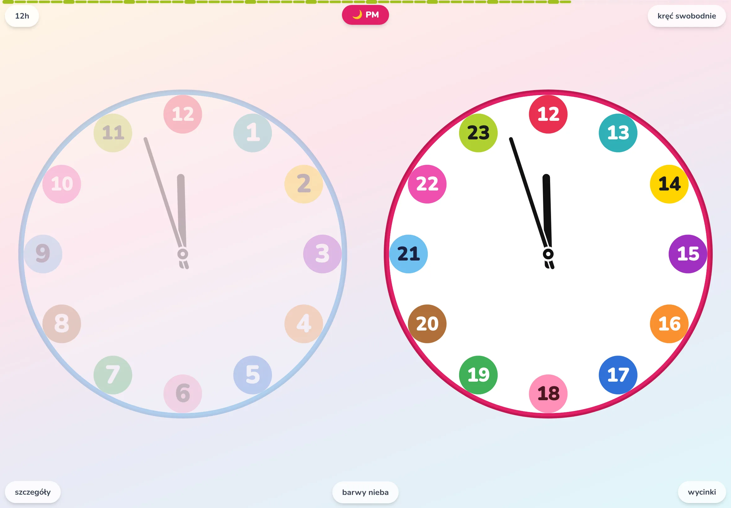 Aplikacja EduClock otwarta na tablecie — zegar analogowy z pierścieniem podzielonym na 12 godzin, każda w innym kolorze