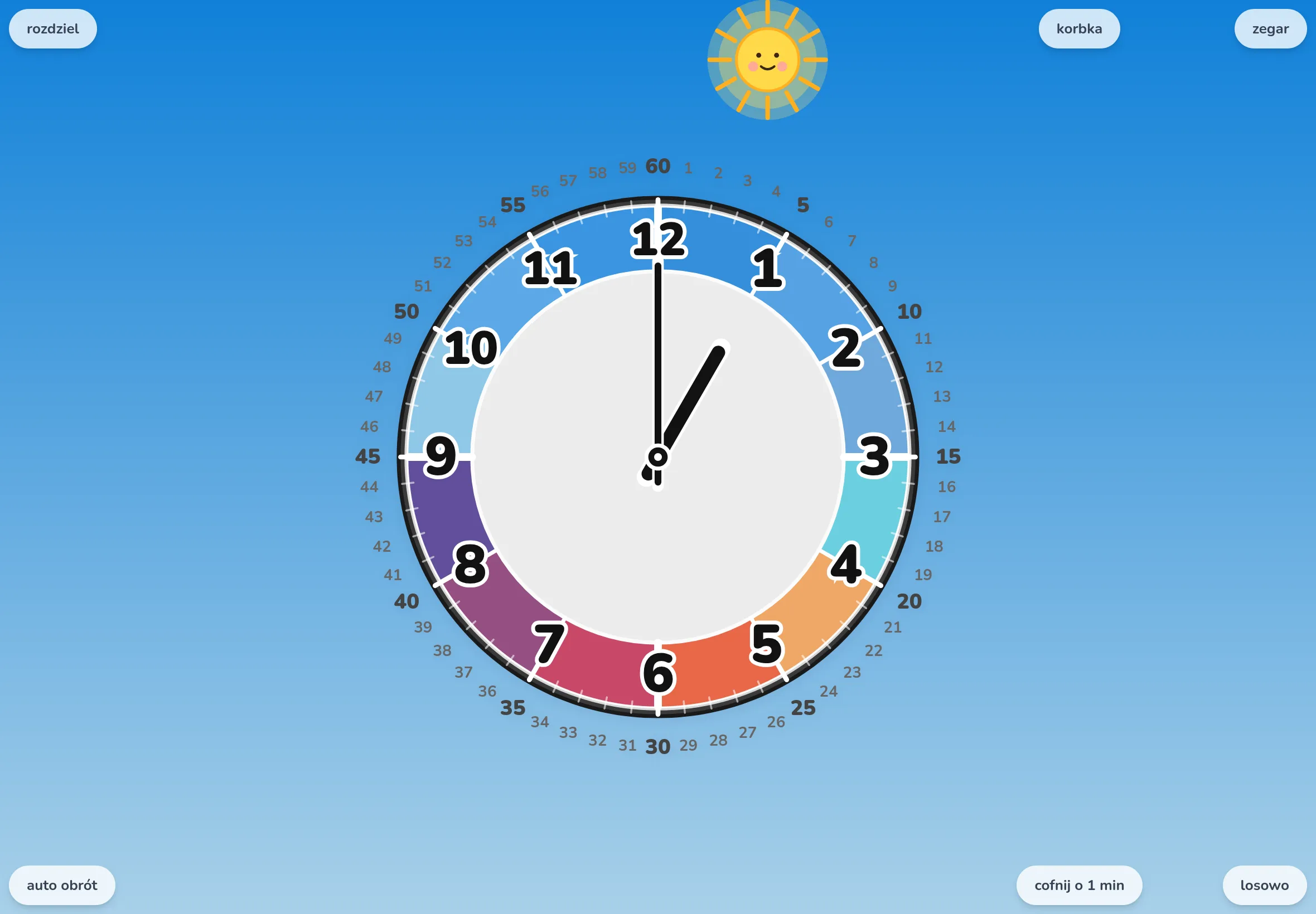 EduClock w palecie „kolory nieba”, tryb merge. Po naciśnięciu „random” wskazówki właśnie gładko przeskakują na losową godzinę