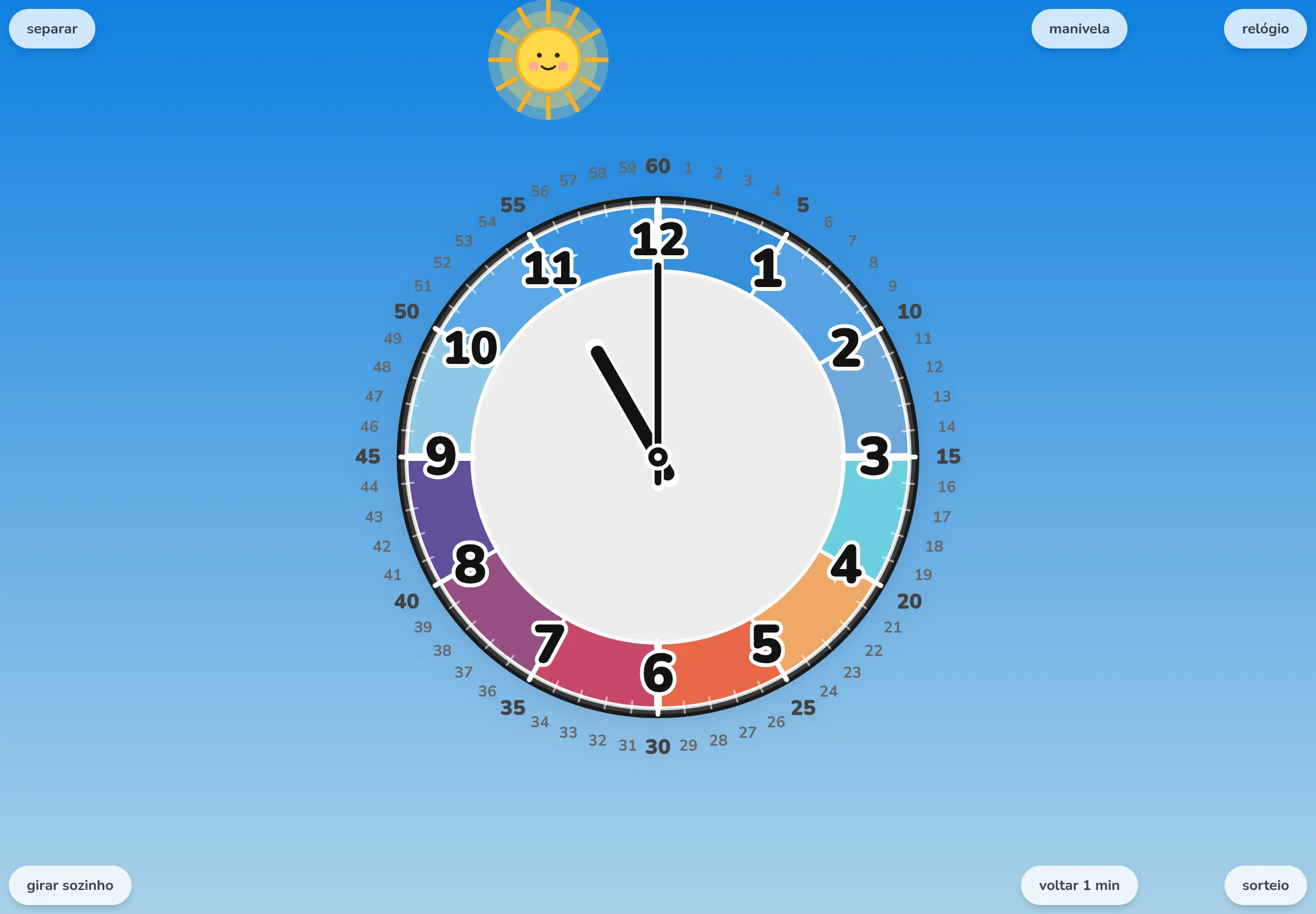 EduClock com a paleta "cores do céu" e no modo merge, logo depois de apertar o botão "aleatório". Só os ponteiros se moveram, parando em um novo horário.