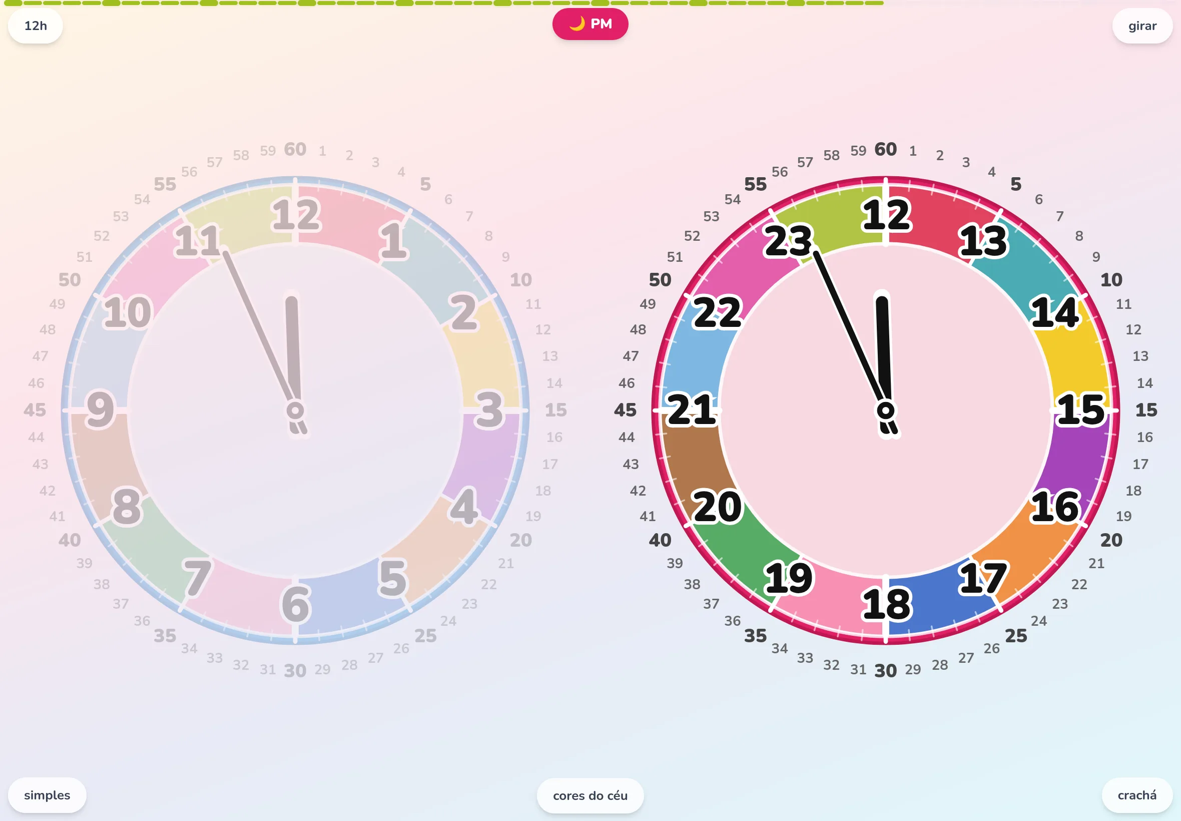 EduClock no modo detailed. Os números de 1 a 60 aparecem no anel externo, mostrando até onde chega o ponteiro maior em um relógio educativo.