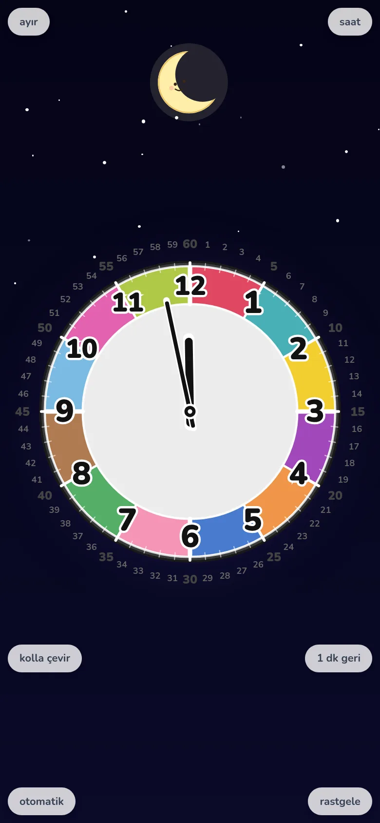 Telefonda saat okuma alıştırması yapılan ekran. EduClock eğitici saat uygulamasının serbest döndürme modu.