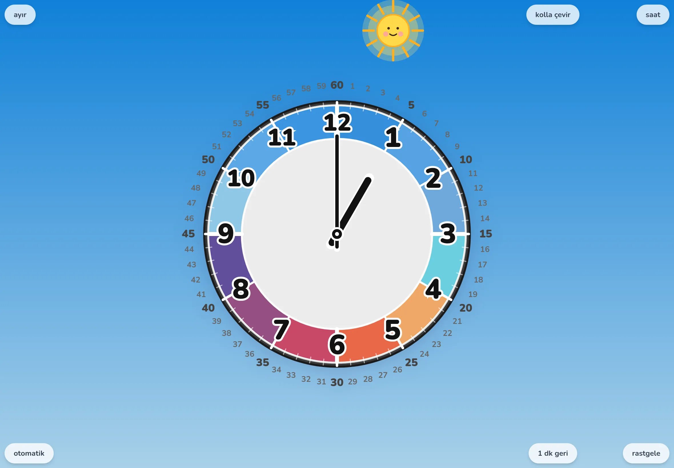 EduClock gökyüzü paleti ve birleştir modunda, rastgele düğmesine basıldıktan hemen sonra. Yalnızca ibreler başka bir saate kaymış durumda.